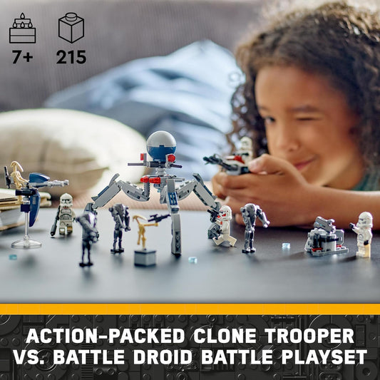 LEGO Star Wars Paquete de Batalla de Soldado Clon y Droide de Batalla, Juguetes de Construcción para Niños con Vehículo de Bicicleta Speeder, 4 Minifiguras y 5 Figuras, Regalos para Niños y Niñas a Partir de 7 Años 75372