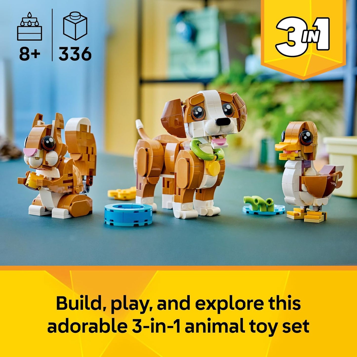 LEGO Creator 3 em 1 Animais Fofos: Cachorrinho de Brinquedo Divertido - Figura de Animal de Estimação que se Transforma em Esquilo ou Pato - Presente de Aniversário Criativo para Meninas e Meninos a partir de 8 Anos - 31382
