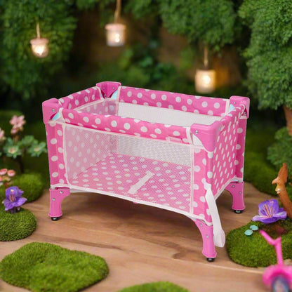 Berço de Viagem Rosa com Bolinhas para Bonecas | Berço de Viagem Dobrável para Bonecas | Berço e Acessórios para Berço de Bonecas | Carrinho de Bebê e Carrinho de Brinquedo para Bonecas | Perfeito para Crianças a partir de 3 Anos