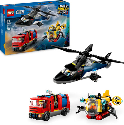 LEGO City 3 em 1 helicóptero, caminhão de bombeiros e brinquedo remix de submarino com 3 minifiguras - veículos de brinquedo montáveis para meninos e meninas com mais de 7 anos - ideias de presentes para aniversários