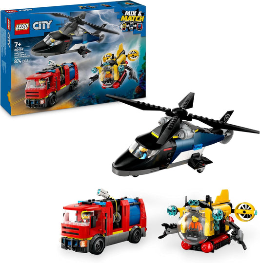LEGO City 3 em 1 helicóptero, caminhão de bombeiros e brinquedo remix de submarino com 3 minifiguras - veículos de brinquedo montáveis para meninos e meninas com mais de 7 anos - ideias de presentes para aniversários