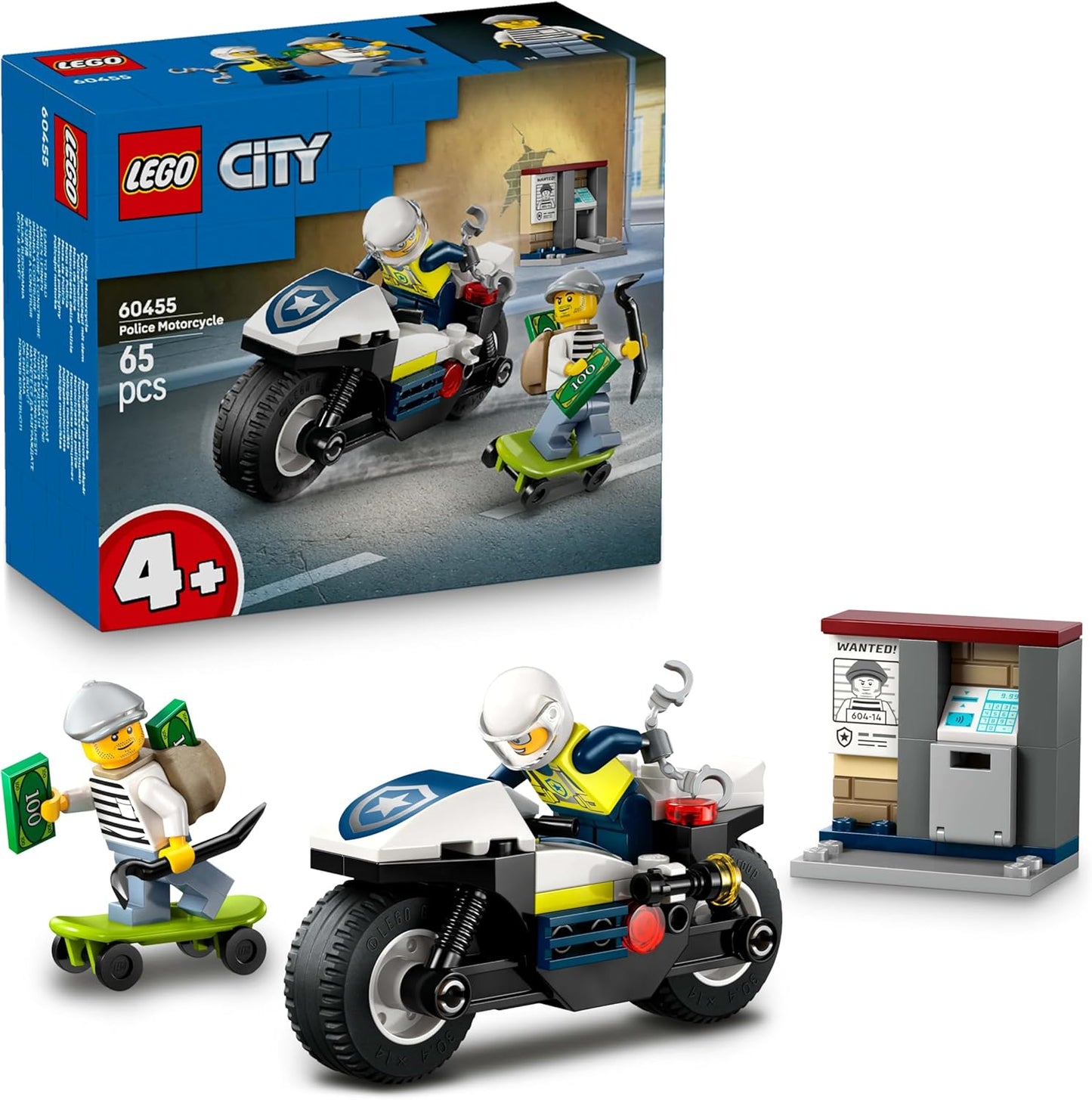 LEGO Conjunto de perseguição de motocicleta da polícia City com uma motocicleta de brinquedo, 2 minifiguras, minicaixa eletrônico e um skate - Presente de aniversário para meninos e meninas a partir de 4 anos - 60455