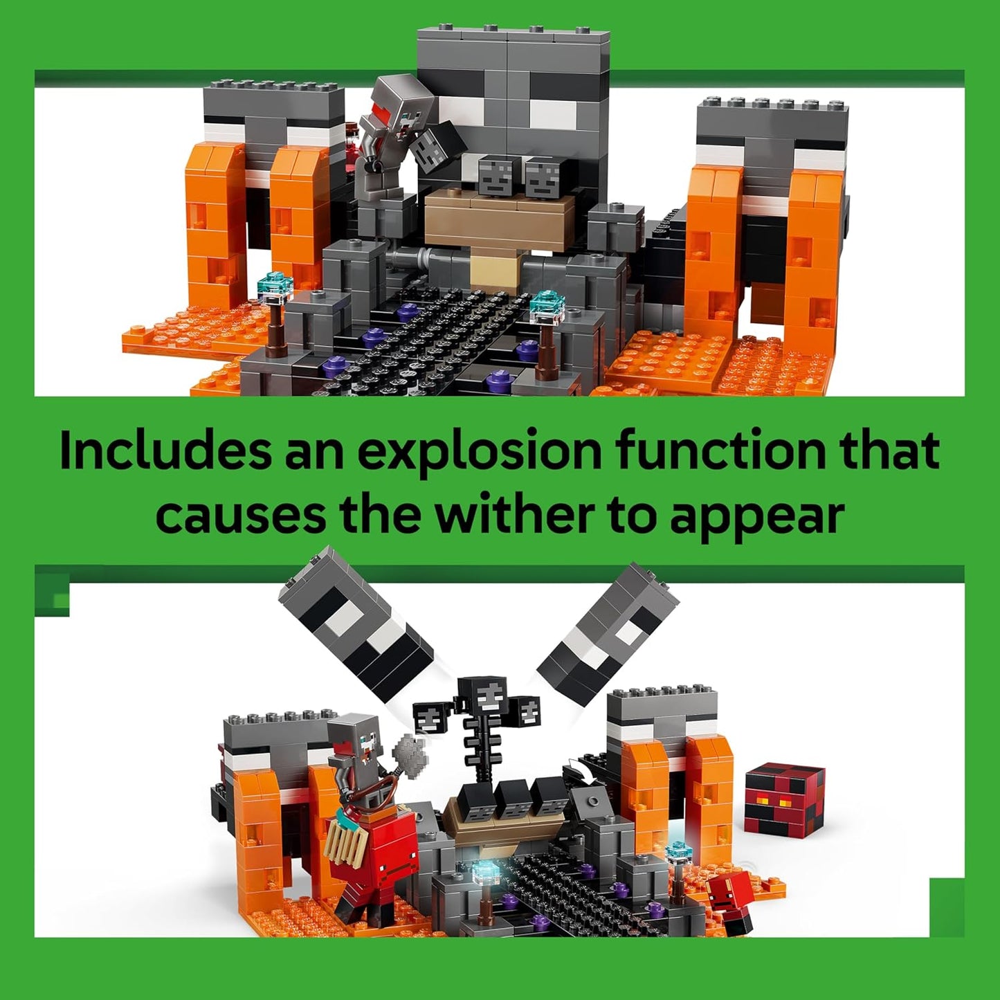 LEGO Minecraft Batalha Wither - Brinquedo Interativo com Guerreiro Carmesim, Andarilho, Cubo de Magma e 2 Figuras de Esqueletos Wither - Presente para Jogadores a partir de 8 Anos - 21590