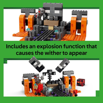 LEGO Minecraft Batalha Wither - Brinquedo Interativo com Guerreiro Carmesim, Andarilho, Cubo de Magma e 2 Figuras de Esqueletos Wither - Presente para Jogadores a partir de 8 Anos - 21590