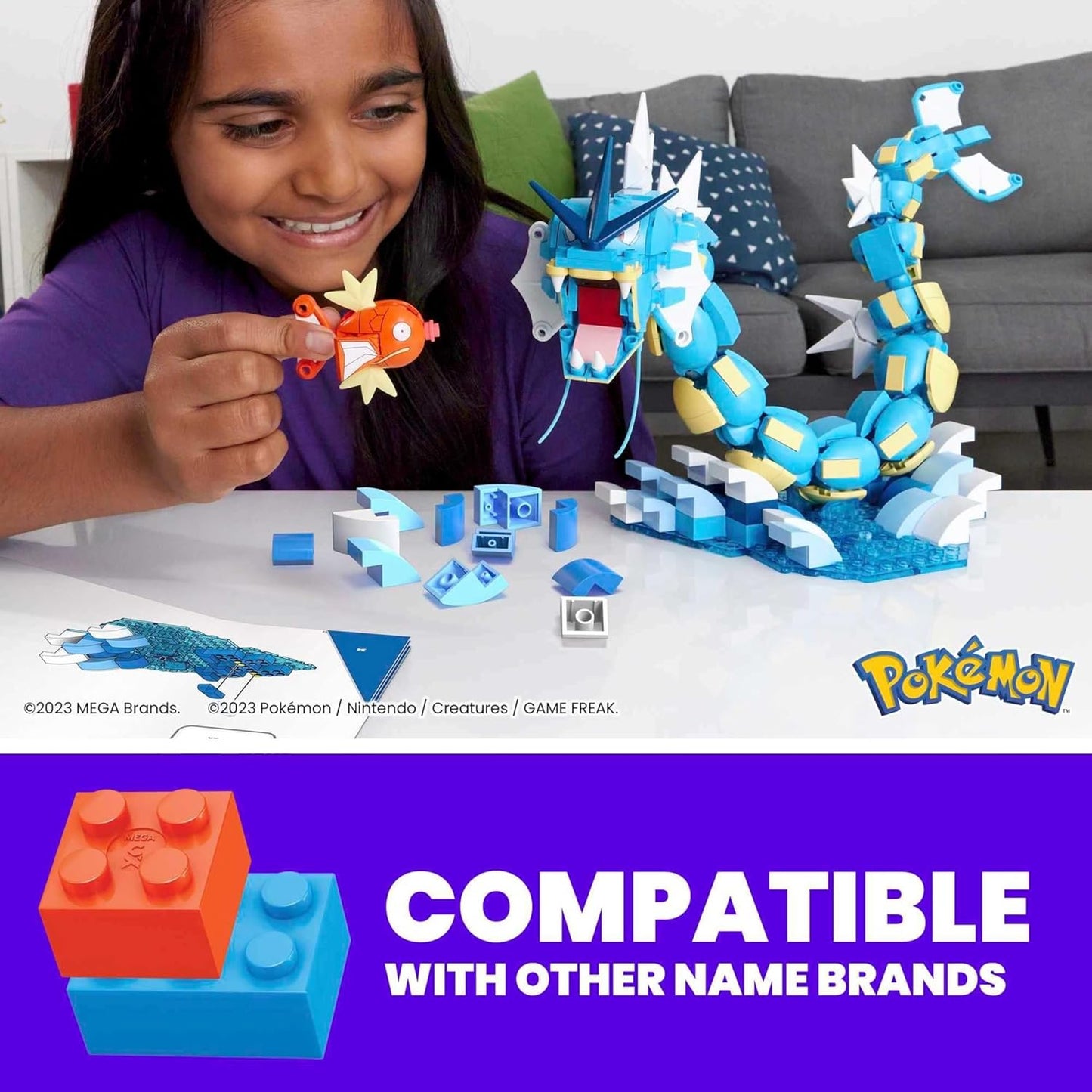 MEGA Conjunto de brinquedos de construção de bonecos de ação Pokémon para crianças, conjunto de evolução Magikarp com 411 peças, Gyarados montável e articulável, 20 polegadas, HNT95