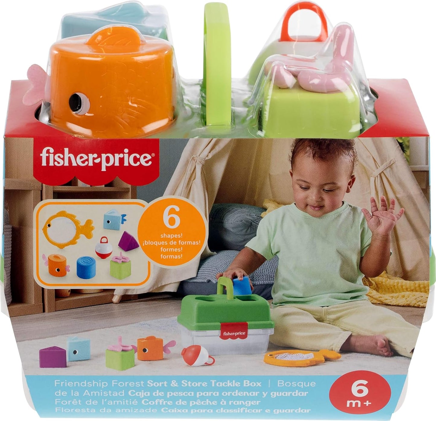 Fisher-Price Brinquedo para Bebês: Caixa de Pesca da Floresta da Amizade com Rede de Pesca e 6 Blocos para Encaixe de Formas, para Bebês a partir de 6 Meses, JLB85
