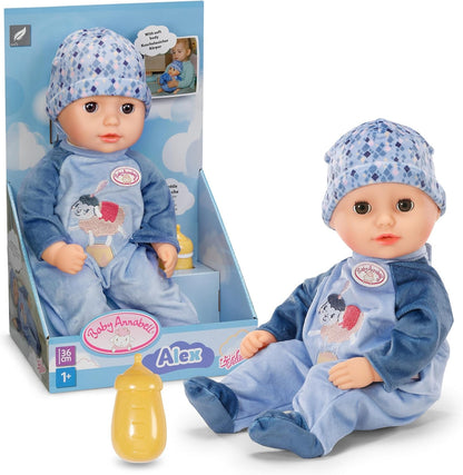 Baby Annabell Boneca Alex de 36 cm, macia, com olhos que fecham - Inclui mamadeira, chapéu e macacão - Primeira boneca, ideal para crianças a partir de 1 ano de idade.