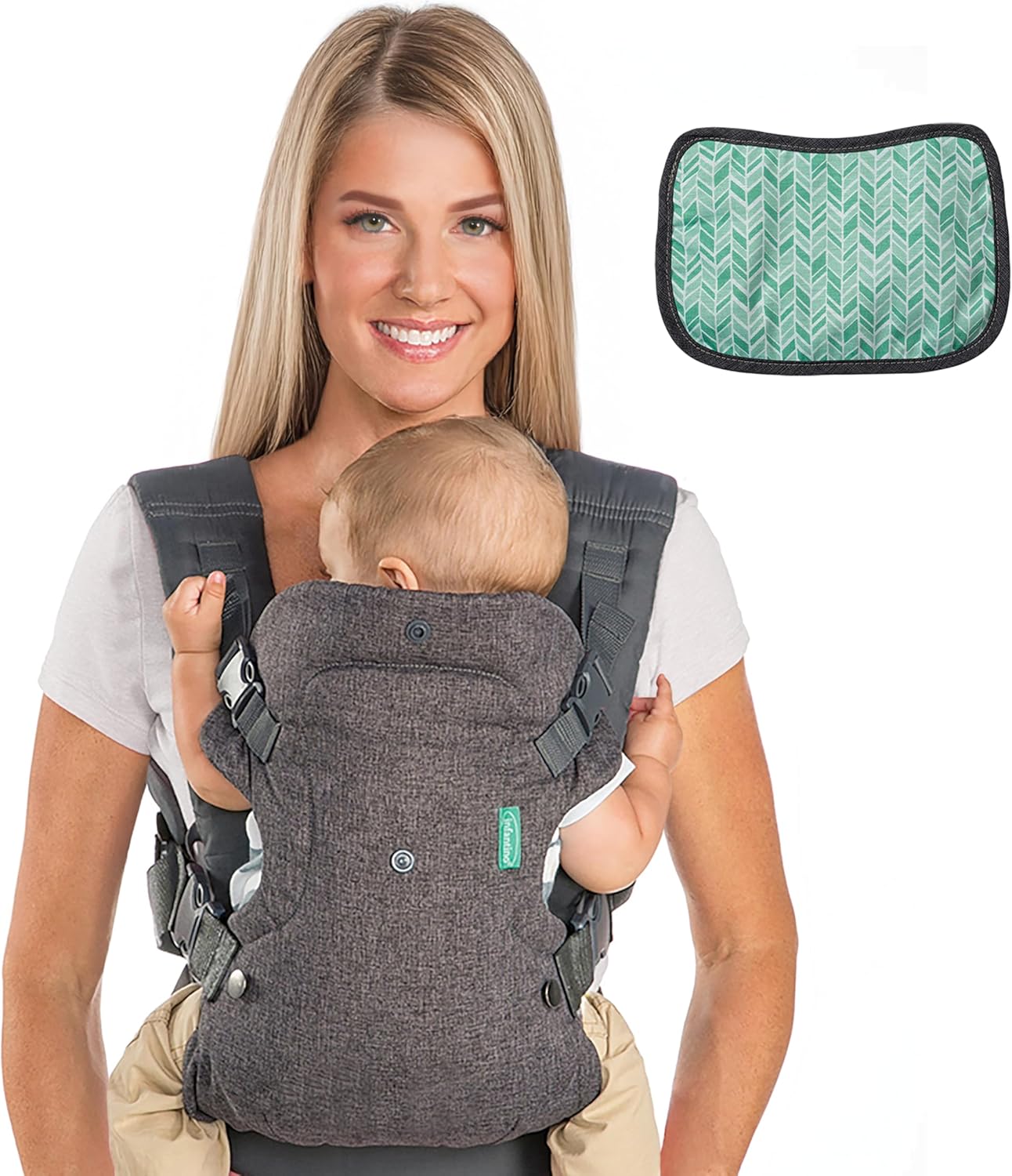 Infantino Canguru Flip Advanced 4 em 1 - Ergonômico, conversível, para uso com o bebê virado para dentro ou para fora, para uso na frente e nas costas, para recém-nascidos e crianças de 3,6 a 14,5 kg, cinza com babador.
