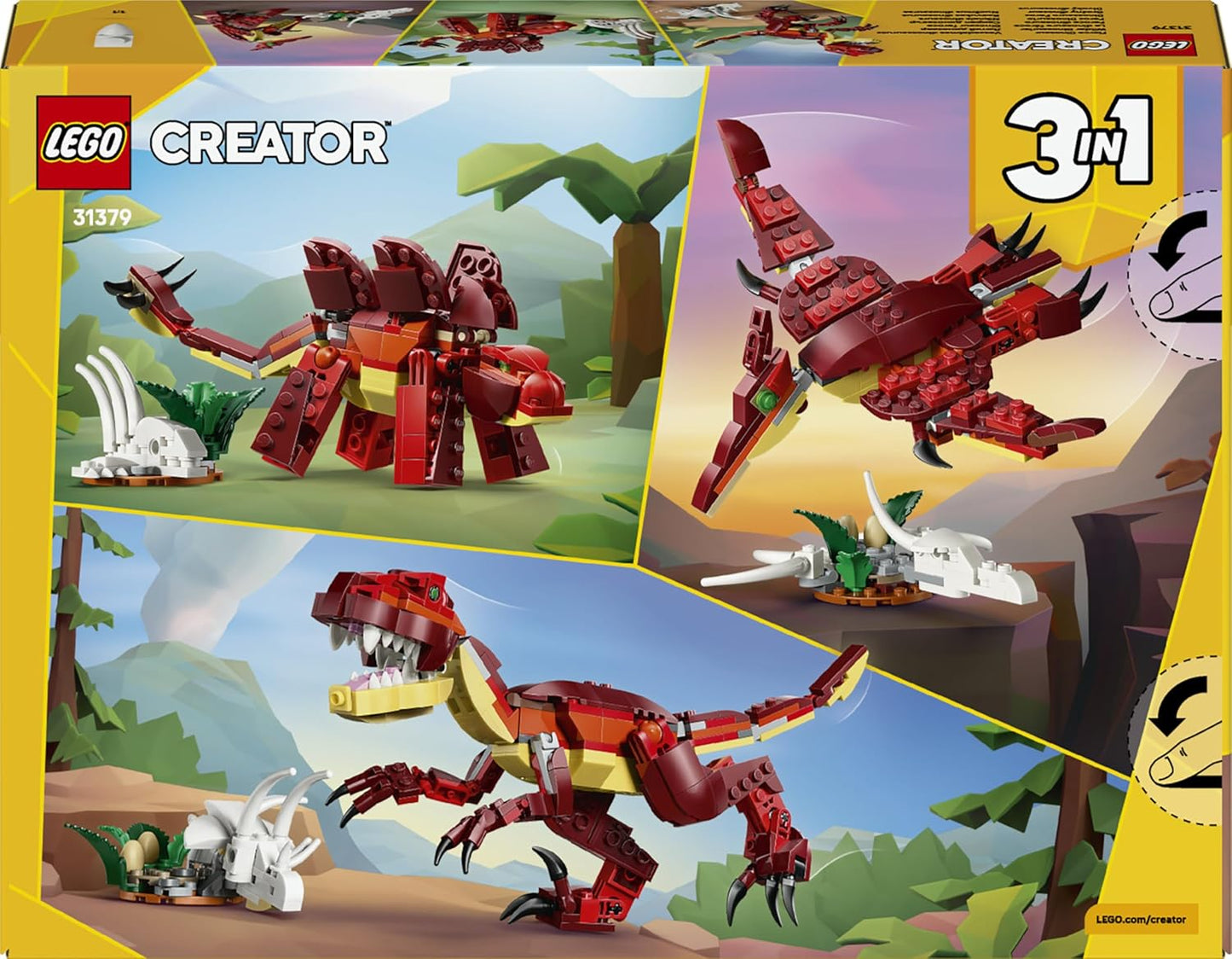 LEGO Creator 3 em 1 Dinossauro Feroz - Monte figuras de Velociraptor, Estegossauro ou Pterossauro com esqueleto e dentes afiados - Ótima ideia de presente de aniversário para meninos e meninas a partir de 8 anos - 31379