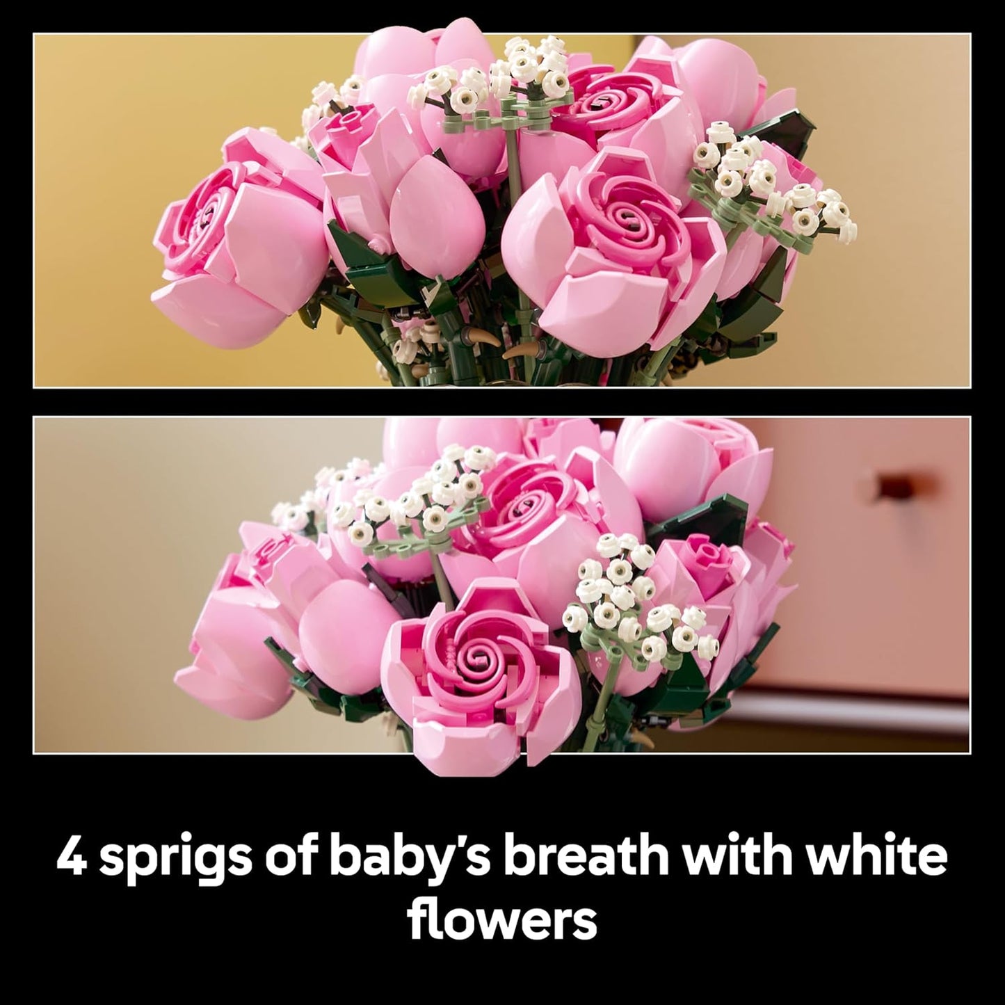 LEGO Botanicals Buquê de Rosas Cor-de-Rosa - Conjunto de Construção de Flores Artificiais para Adultos - Inclui 12 Rosas Artificiais e 4 Ramos de Gipsofila para Decoração de Casa - Ideia de Presente DIY - 10374