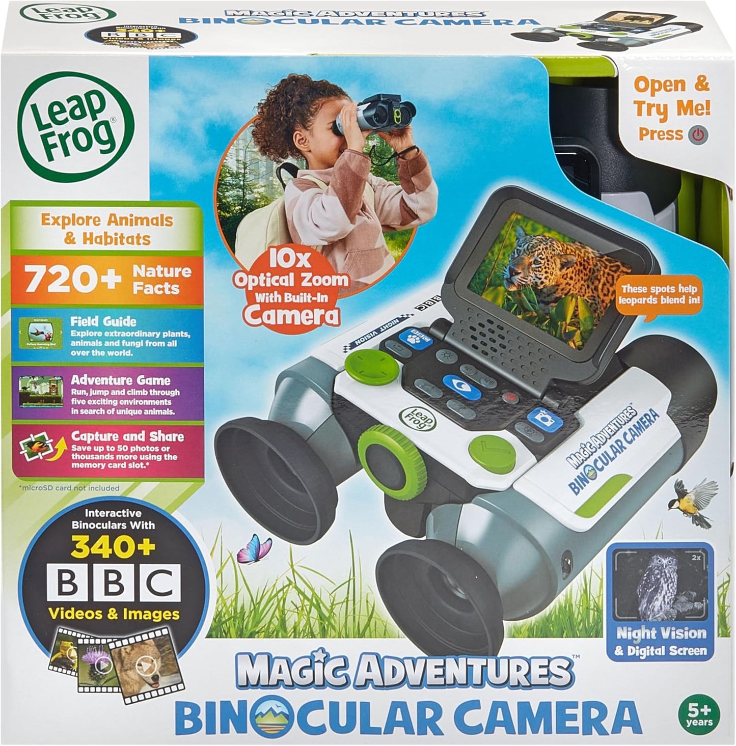 LeapFrog Câmera binocular Magic Adventures, binóculos interativos reais com visão noturna e câmera com zoom óptico de 10X, imagens educacionais da BBC, vídeos e fatos, brinquedo para 5, 6+ anos