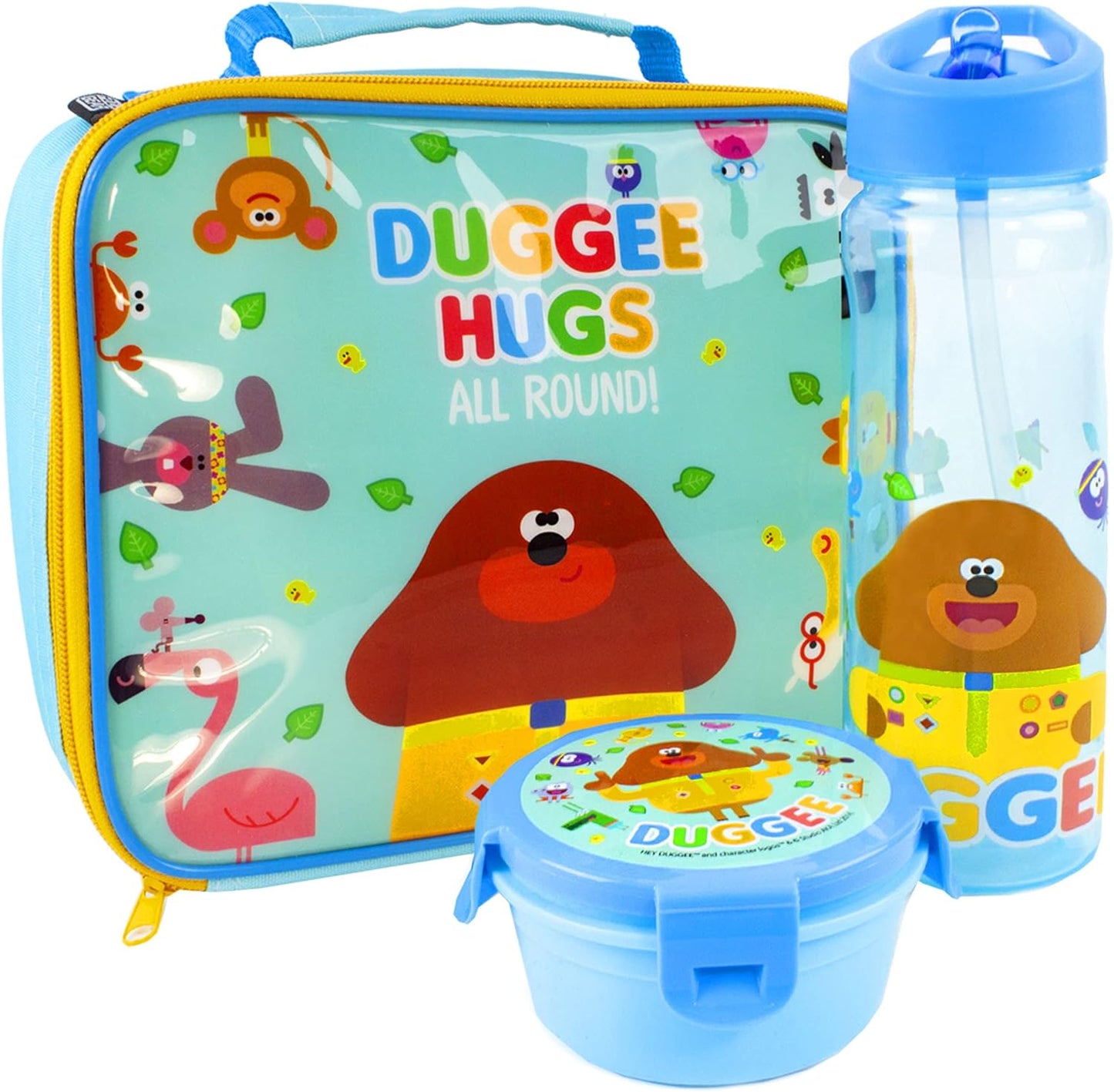 Hey Duggee Juego de lonchera para niños | Bolsa aislante para comida, botella de agua y snack | Aventura con personajes infantiles y femeninos | Divertido set de almuerzo con productos de la serie de televisión para jóvenes fanáticos del programa