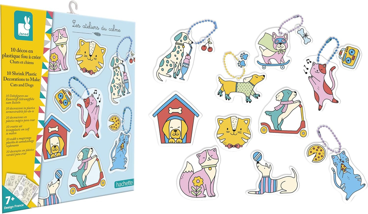 Janod - Conjunto de 10 Adesivos de Plástico Malucos - Tema Cães e Gatos - Les Ateliers du Calme - Faça Você Mesmo - Kit de Lazer Criativo Infantil - Destreza e Concentração - A partir de 6 anos