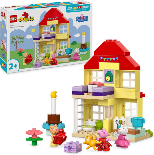 LEGO DUPLO Peppa Pig Birthday House Playset, brinquedos de aprendizagem para crianças para meninas e meninos de 2 anos ou mais com 3 figuras, incluindo. Pedro Pony e Suzy Sheep, além do Teddy da Peppa, Idéia de Presente 10433