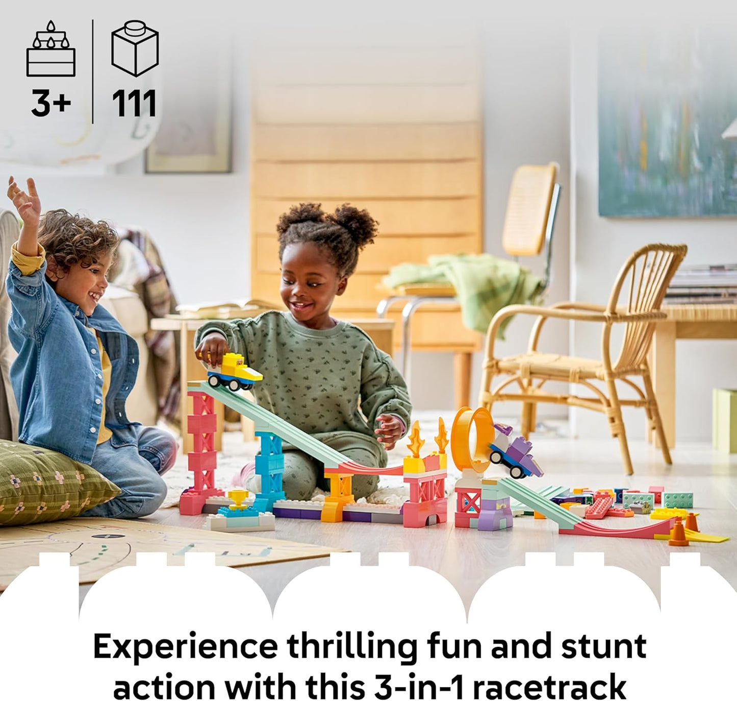 LEGO DUPLO 3 em 1 Rampas Criativas com Veículos - Brinquedo Educativo para Desenvolvimento da Coordenação Motora de Crianças Pequenas - Conjunto Montessori de Combinação de Cores com 2 Carrinhos de Corrida - Presente para Meninos e Meninas a partir