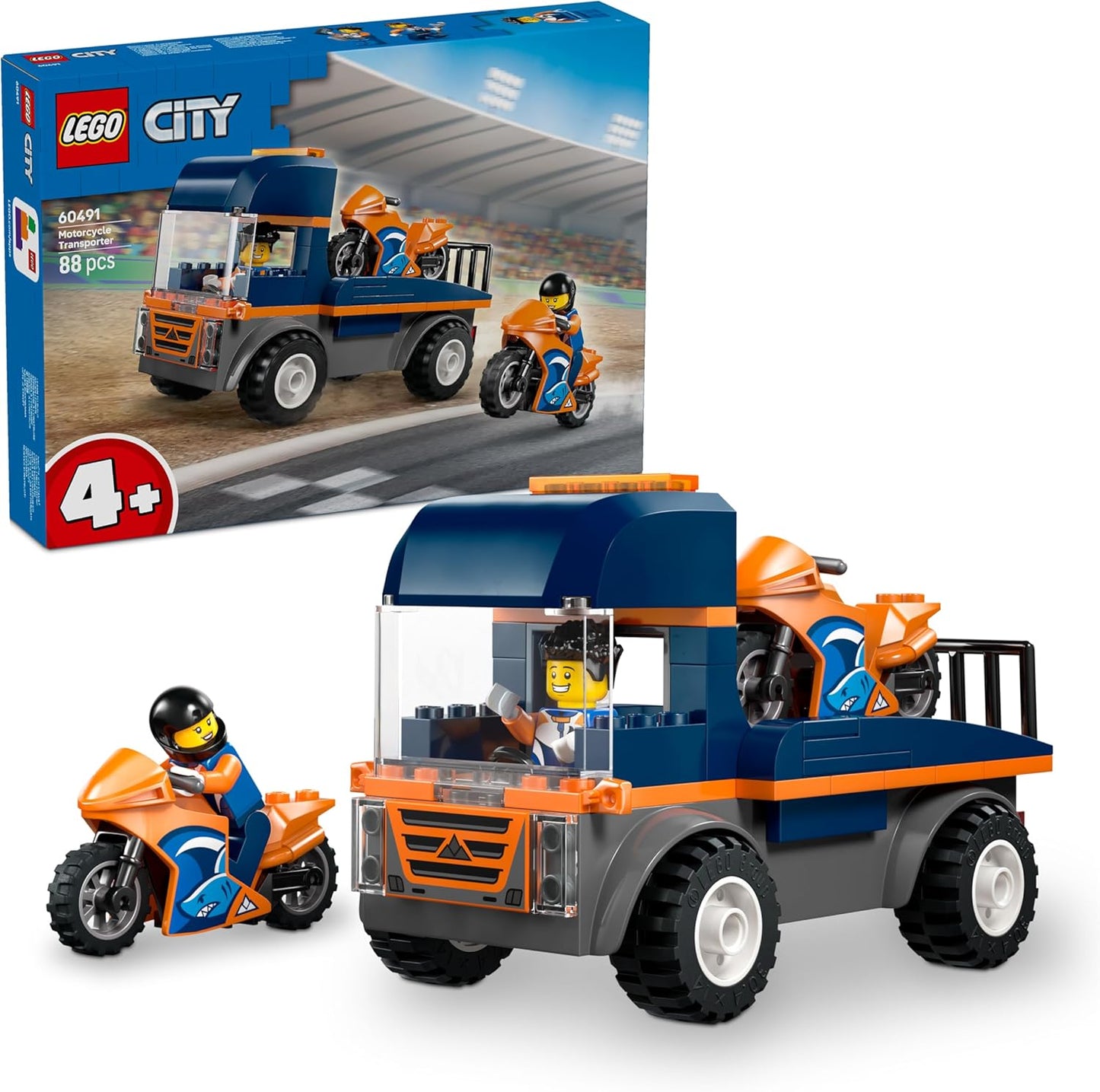 LEGO City Transportador de Motos - Brinquedo para Desenvolvimento da Coordenação Motora Fina com Caminhão Plataforma, 2 Motos, 2 Minifiguras, Rampa e Acessórios - Presente de Aniversário para Meninos a partir de 4 Anos - 60491