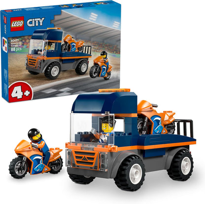 LEGO City Transportador de Motos - Brinquedo para Desenvolvimento da Coordenação Motora Fina com Caminhão Plataforma, 2 Motos, 2 Minifiguras, Rampa e Acessórios - Presente de Aniversário para Meninos a partir de 4 Anos - 60491