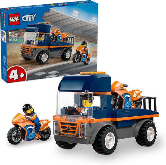 LEGO City Transportador de Motos - Brinquedo para Desenvolvimento da Coordenação Motora Fina com Caminhão Plataforma, 2 Motos, 2 Minifiguras, Rampa e Acessórios - Presente de Aniversário para Meninos a partir de 4 Anos - 60491