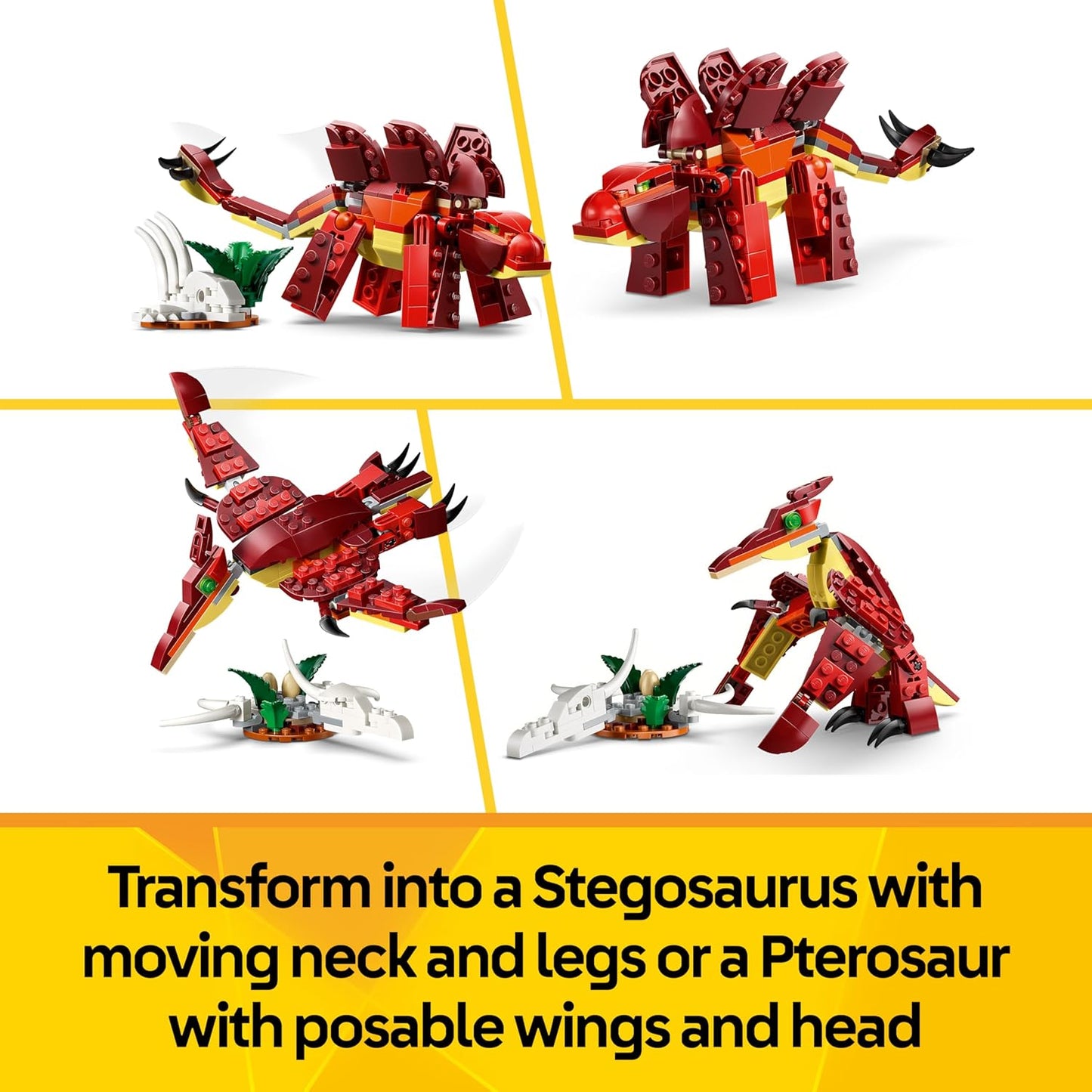 LEGO Creator 3 em 1 Dinossauro Feroz - Monte figuras de Velociraptor, Estegossauro ou Pterossauro com esqueleto e dentes afiados - Ótima ideia de presente de aniversário para meninos e meninas a partir de 8 anos - 31379