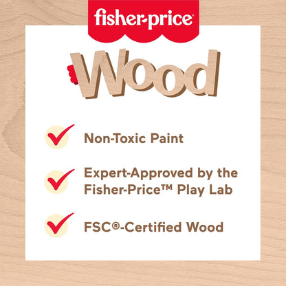 Fisher-Price Conjunto de madeira para brincar de trabalhar em casa, conjunto de escritório de 9 peças com laptop e telefone de brinquedo de madeira para crianças em idade pré-escolar a partir de 3 anos, HXV11