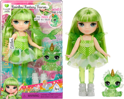 Rainbow High Littles Fadas Fantasia Arco-Íris e Bichinho de Estimação - Esmeralda, Verde - Boneca pequena articulada de 14 cm e dragão de estimação com asas de fada intercambiáveis, presente fofo para crianças a partir de 4 anos