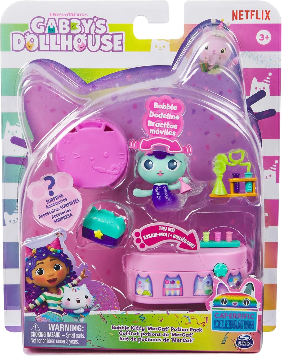 Gabby’s Dollhouse Figura MerCat Bobble da Série Celebration com Mobília e Acessórios para Casa de Bonecas, Brinquedo Infantil para Meninas e Meninos a partir de 3 Anos