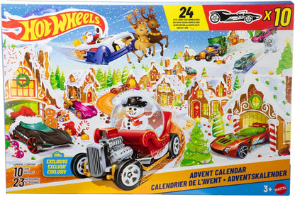 Conjunto de Carrinhos e Playset Hot Wheels, Calendário do Advento 2025 com 10 Veículos em Escala 1:64, 10 Clips para Enfeites e 14 Acessórios com Tema de Inverno, JCB47
