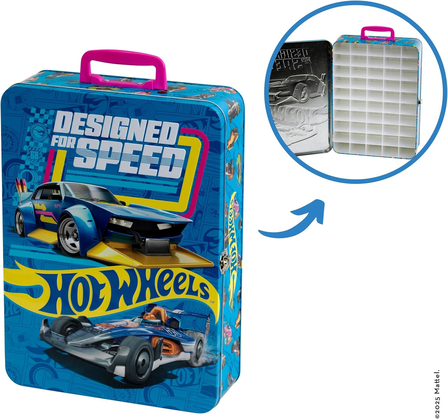 Theo Klein Estojo de armazenamento 2881 Hot Wheels | Maleta de metal para até 50 carrinhos | Compartimentos práticos | Dimensões: 37,5 cm x 26 cm x 8,5 cm | Brinquedo para crianças a partir de 3 anos | Multicolorido