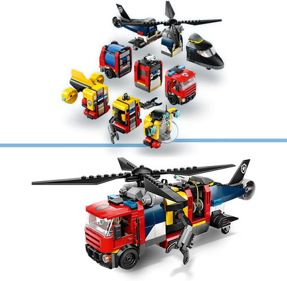LEGO City 3 em 1 helicóptero, caminhão de bombeiros e brinquedo remix de submarino com 3 minifiguras - veículos de brinquedo montáveis para meninos e meninas com mais de 7 anos - ideias de presentes para aniversários