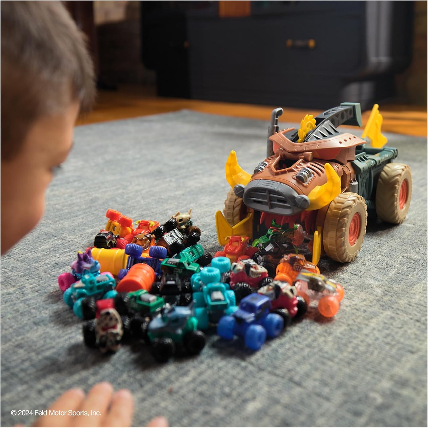 Monster Jam Mini Jam, Megalodon, Mad Hog Chomper e Monster Truck, Diversão para Organizar e Guardar, Brinquedo Ideal para Crianças a partir de 3 Anos