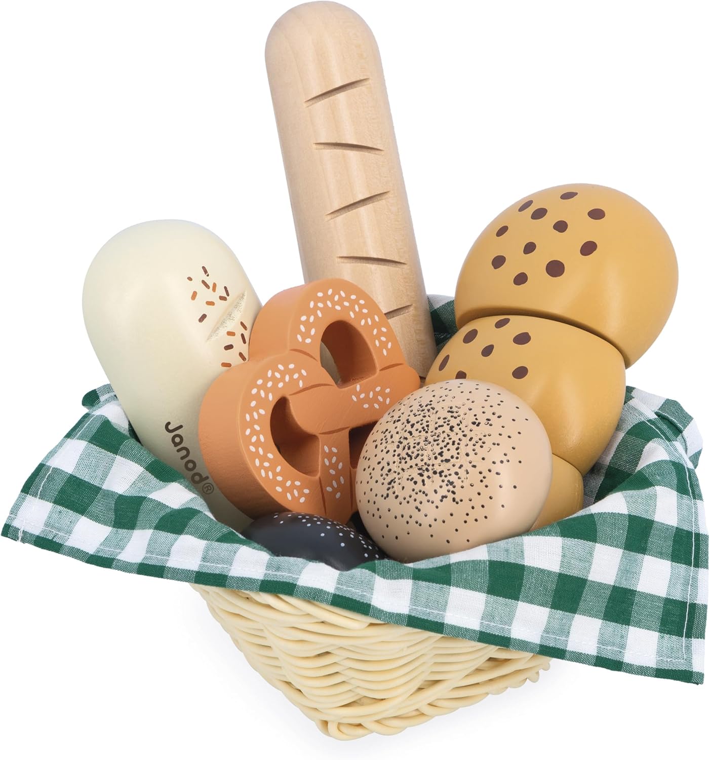 Janod - Cesta de Padaria de Madeira - Cesta Viennoiseries - 6 Acessórios de Jantar Realistas - Complemento Ideal para a Cozinha de uma Criança - Desenvolve a Imaginação - A partir de 3 anos - J06645