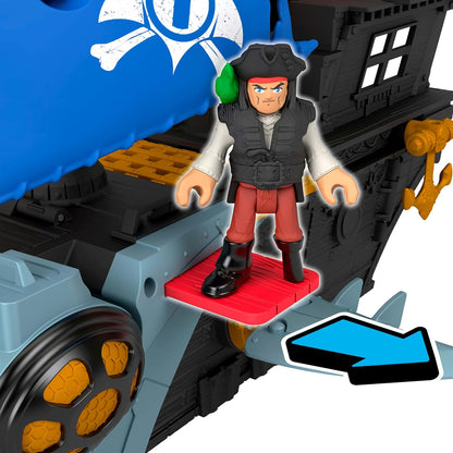 Fisher-Price Conjunto de brinquedo Imaginext Navio Pirata Mordida de Tubarão com 2 figuras de ação, barco de brinquedo com mandíbulas que mordem e lançador, 12 acessórios, JLC50