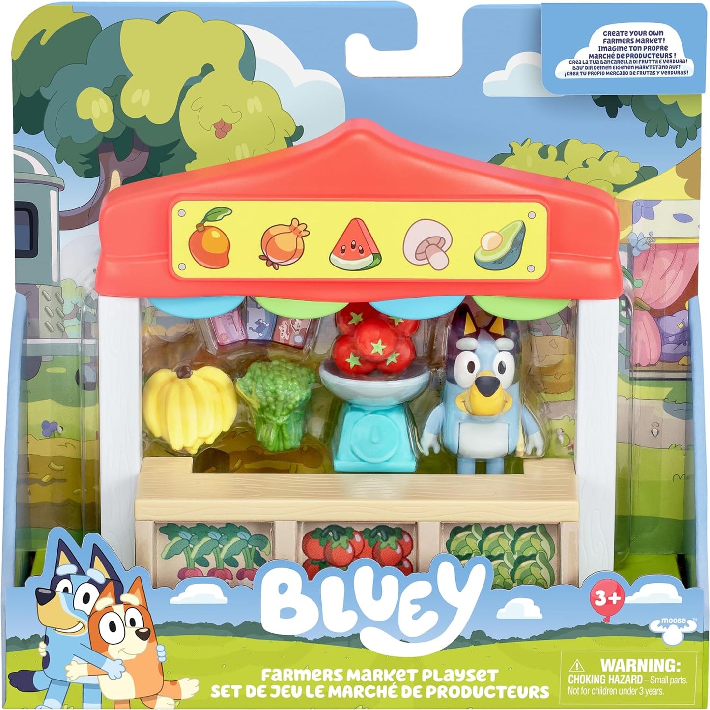 Bluey Mini Playsets Bluey Farmers Market Playset inclui figura articulada de Bluey com sacola de compras e acessórios com Dollarbucks