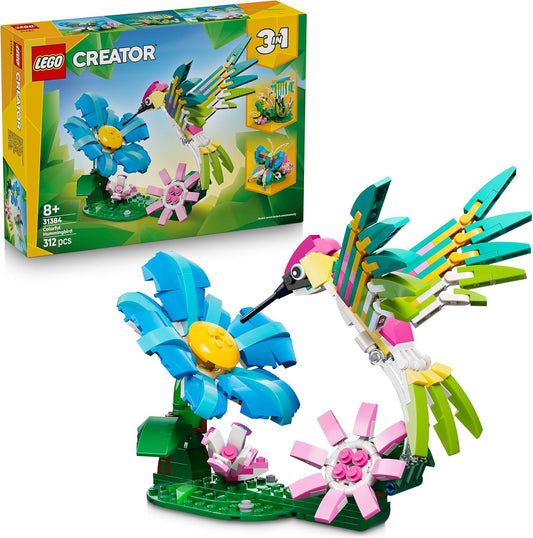 LEGO Creator 3 em 1 Animais Selvagens: Beija-flor Colorido - Brinquedo de Pássaro que se Transforma em Borboleta ou Peixe - Ideia de Decoração DIY para o Quarto - Presente Criativo para Meninas e Meninos a partir de 8 Anos - 31384