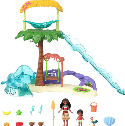 Mattel Brinquedos Disney Moana 2: Conjunto Aventura na Ilha da Moana com bonecas pequenas da Moana e da Simea, 2 personagens amigos, 5 áreas de brincar e 8 acessórios (JFF12)