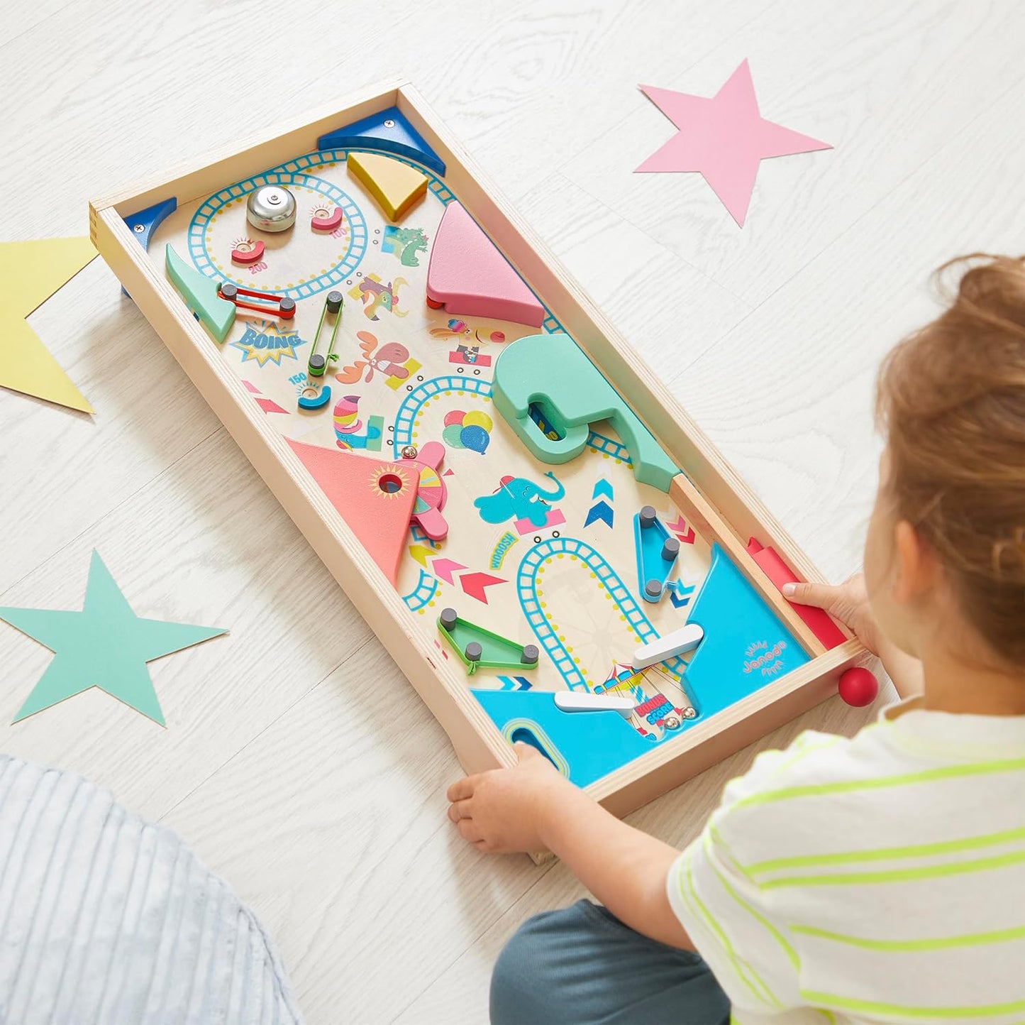 Janod - Máquina de Pinball de Madeira para Montar - Decoração de Parque de Diversões - Jogo de Ação e Reflexos para Crianças Montarem - Estratégia de Aprendizagem e Concentração - Madeira Certificada FSC - A partir de 5 anos