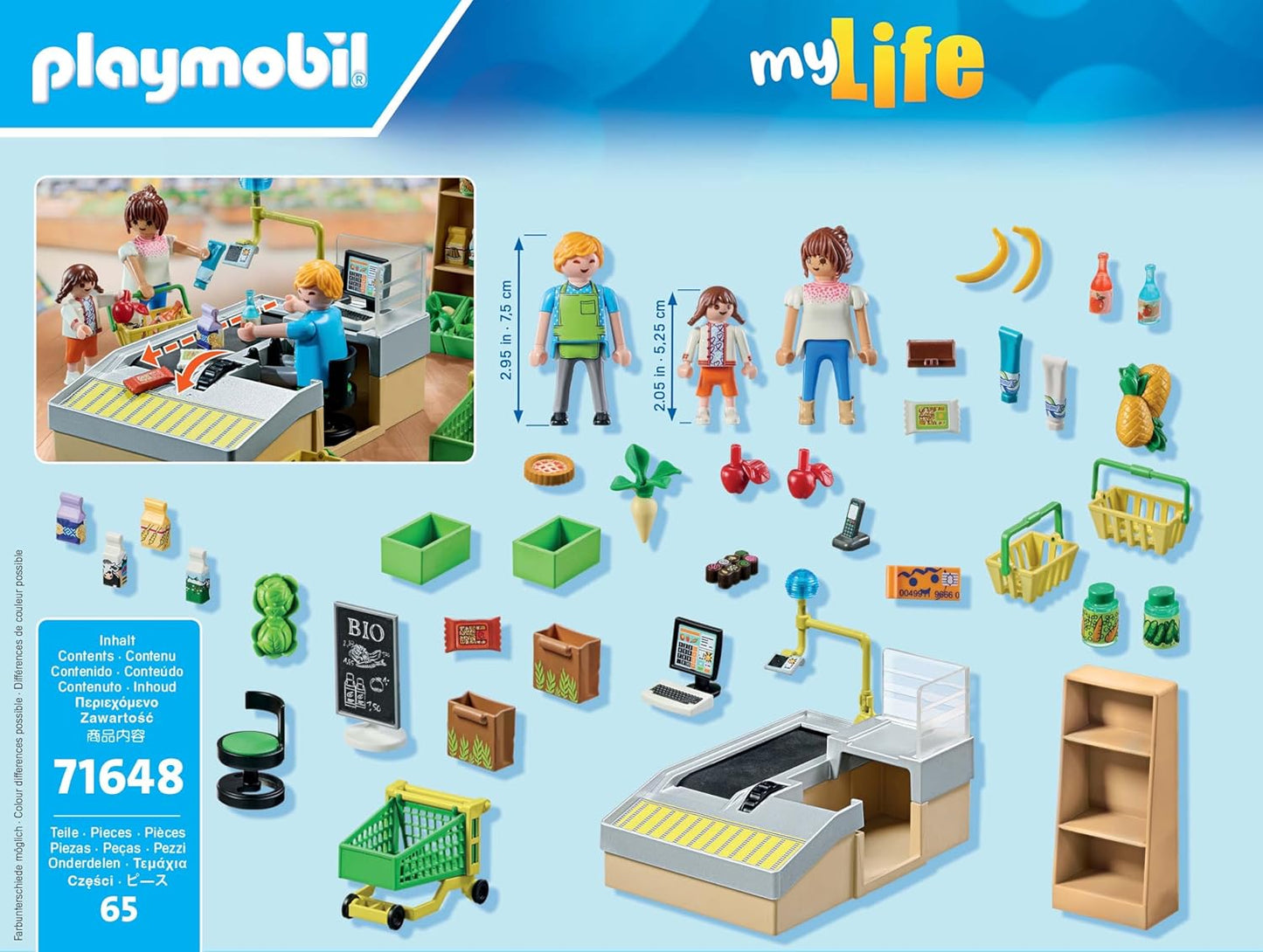 Playmobil 71648 MyLife: pacote promocional de supermercado orgânico, incluindo caixa com esteira transportadora, carrinho de compras e três figuras, conjuntos de jogos detalhados adequados para crianças de 4 anos ou mais
