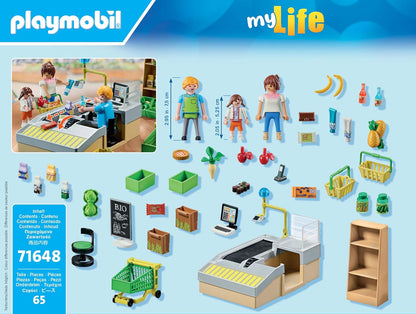 Playmobil 71648 MyLife: pacote promocional de supermercado orgânico, incluindo caixa com esteira transportadora, carrinho de compras e três figuras, conjuntos de jogos detalhados adequados para crianças de 4 anos ou mais