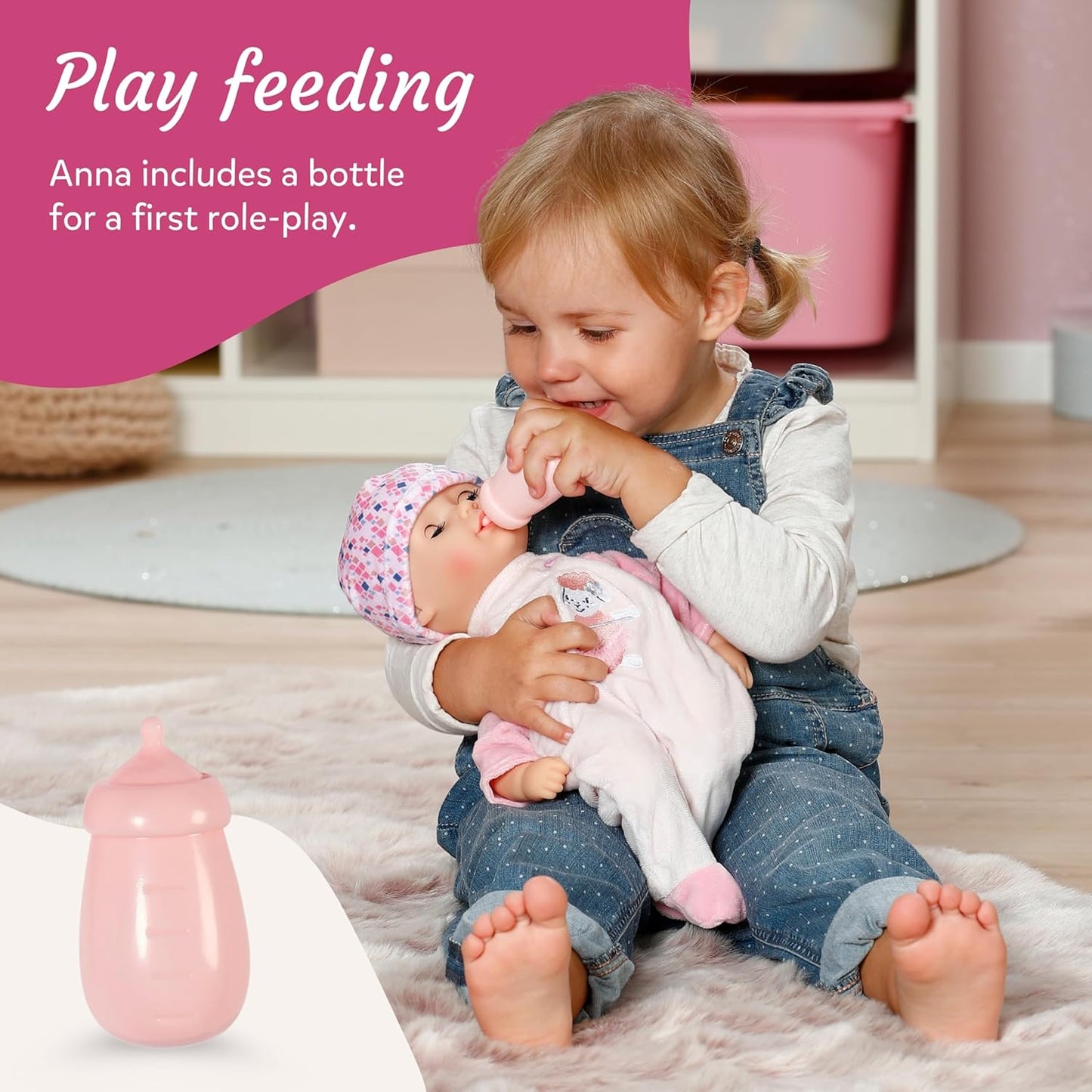 Baby Annabell Boneca Anna de 36 cm, macia, com olhos que fecham - Inclui mamadeira, chapéu e macacão - Primeira boneca, ideal para crianças a partir de 1 ano de idade.