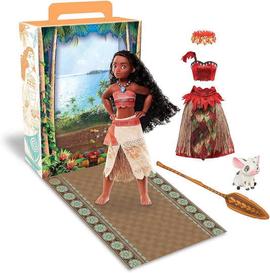Disney Store Official Moana Story Doll para crianças, 28 cm/11”, com Pua, 2 roupas, acessórios, pacote de colorir e atividades e caixa que se dobra para um palco de jogo