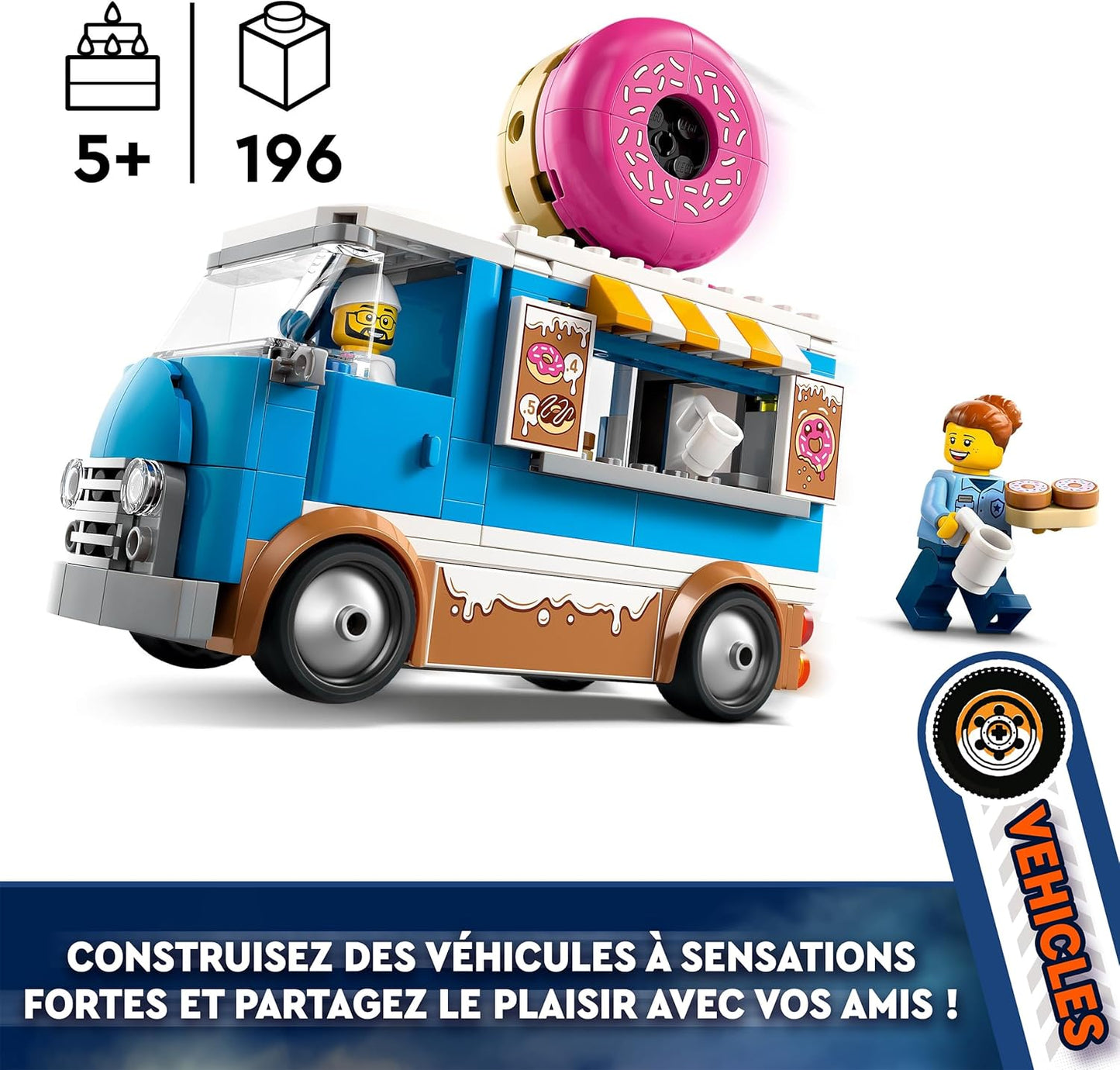 LEGO Brinquedo de caminhão Donut City com 2 minifiguras - Brinquedos de construção criativos para meninos e meninas com mais de 5 anos - Barraca móvel de comida com acessórios - Ideias divertidas de presentes para aniversários