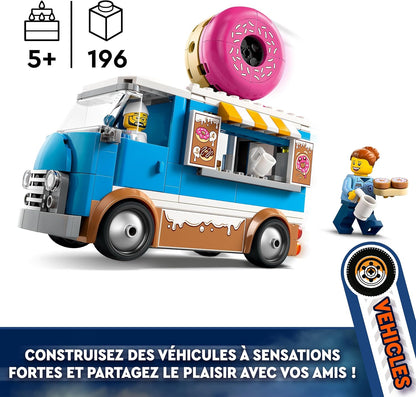 LEGO Brinquedo de caminhão Donut City com 2 minifiguras - Brinquedos de construção criativos para meninos e meninas com mais de 5 anos - Barraca móvel de comida com acessórios - Ideias divertidas de presentes para aniversários