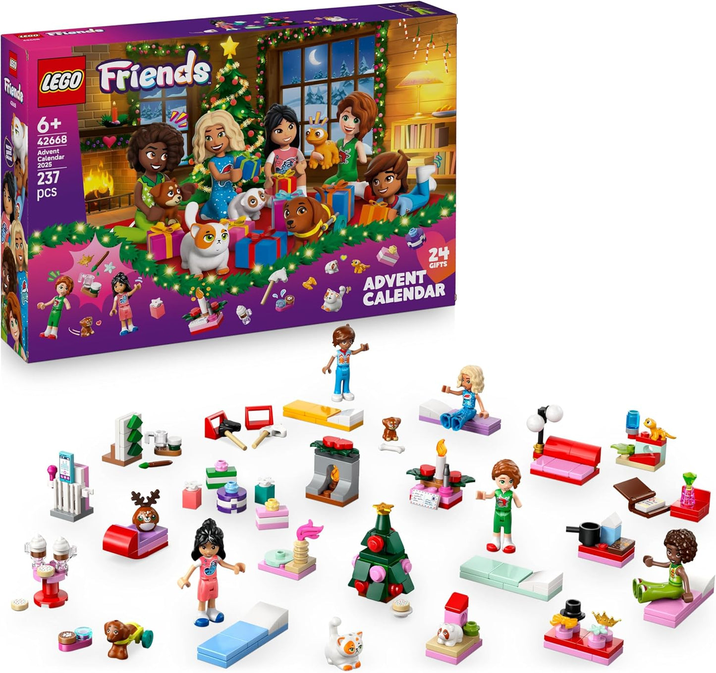 Calendário do Advento LEGO Friends 2025 para meninas a partir de 6 anos - Brinquedos para a contagem regressiva do Natal com 24 surpresas, incluindo 5 mini bonecas, 5 figuras de animais de estimação e acessórios fofos - 42668