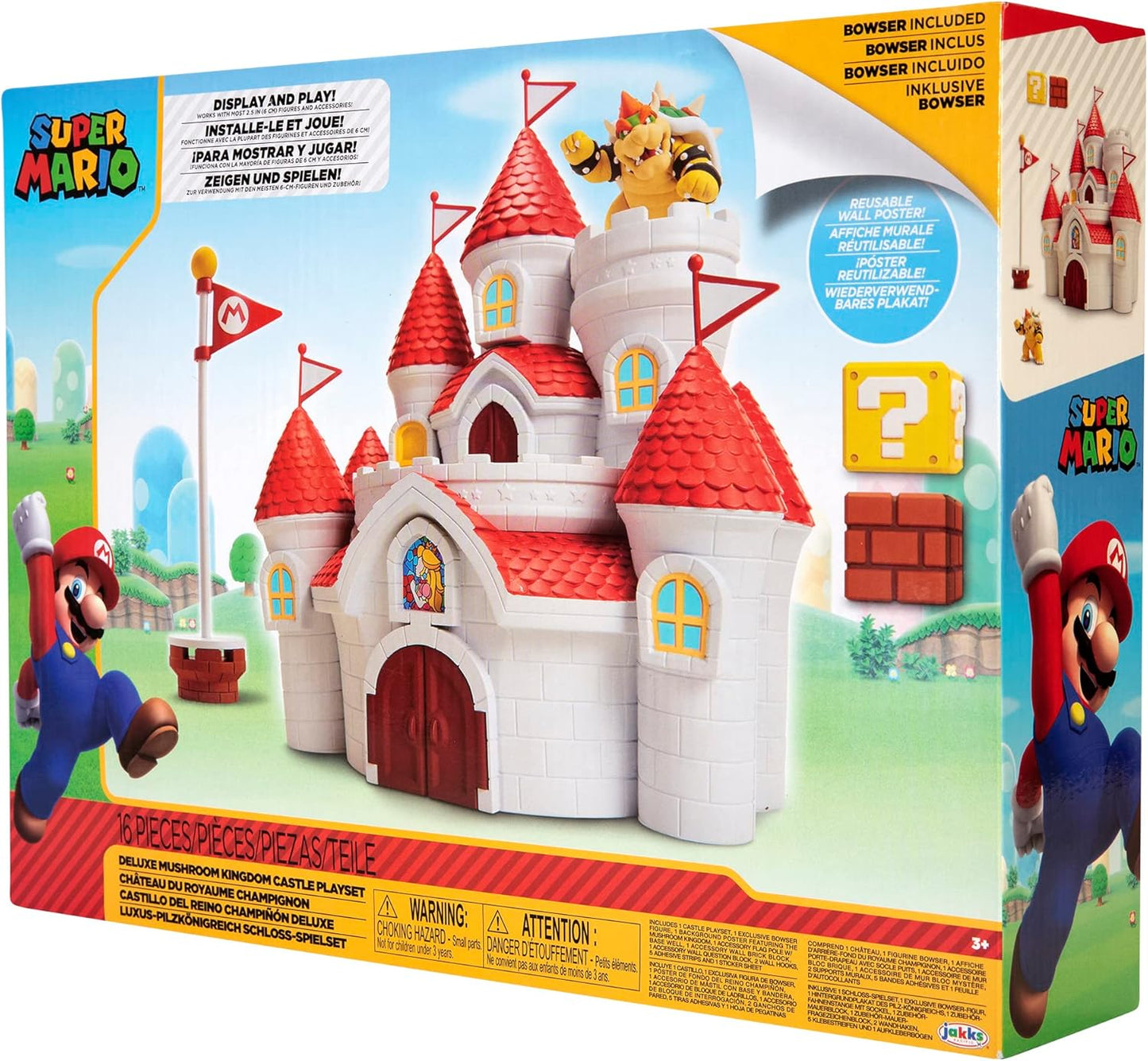 Nintendo Playset do Castelo do Reino Cogumelo da, oficialmente licenciado pela Jakks Pacific, inclui figura de ação exclusiva do Bowser de 6 cm (2,5") e acessórios, além de um pôster de parede.