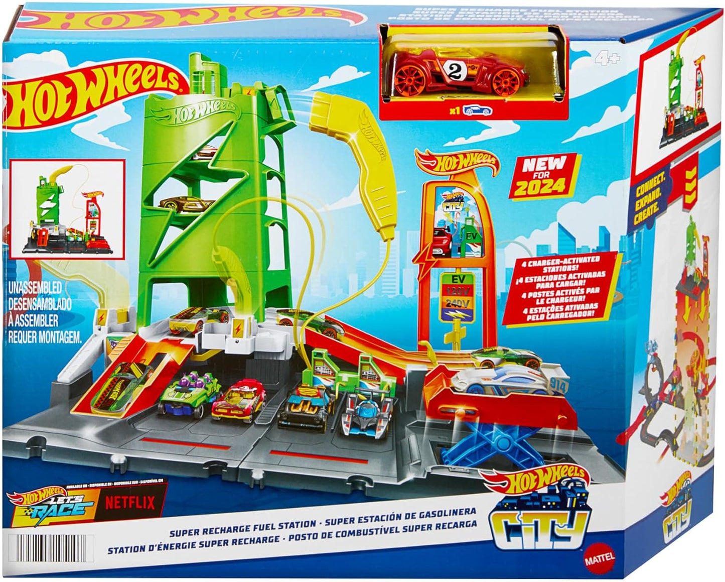 Hot Wheels Let's Race Netflix - Playset City Super Recharge Fuel Station com carregadores EV e carro de brinquedo em escala 1:64, HTN79