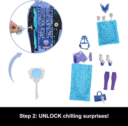 Monster High Boneca e acessórios Skulltimate Secrets, Monster Mysteries Abbey Bominable com guarda-roupa para vestir e mais de 19 surpresas, incluindo roupas, HXH87