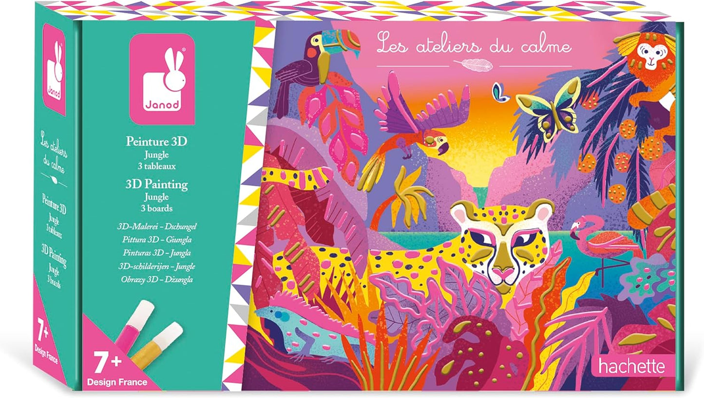 Janod Pintura 3D - Tema Selva - Les Ateliers du Calme - Kit de Ocio Creativo Infantil - Pintura Dorada y Rosa Neón para Niños - Estimula la Motricidad Fina y la Concentración - A partir de 7 años