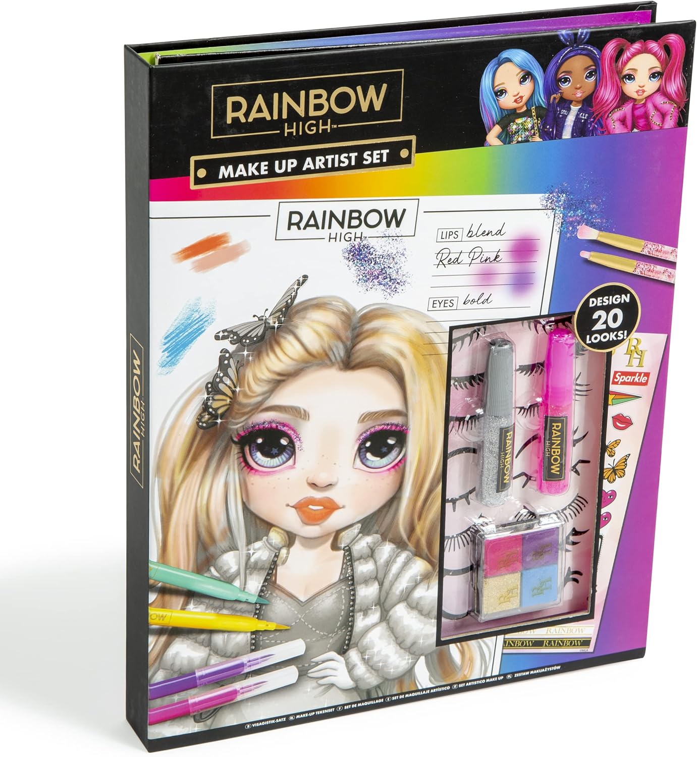 Rainbow High Conjunto de maquiador - contém bloco de arte cheio de meninas, pedras preciosas, estênceis, folhas de adesivos e muito mais. Pacotes de atividades de viagem para crianças - Design de moda para crianças