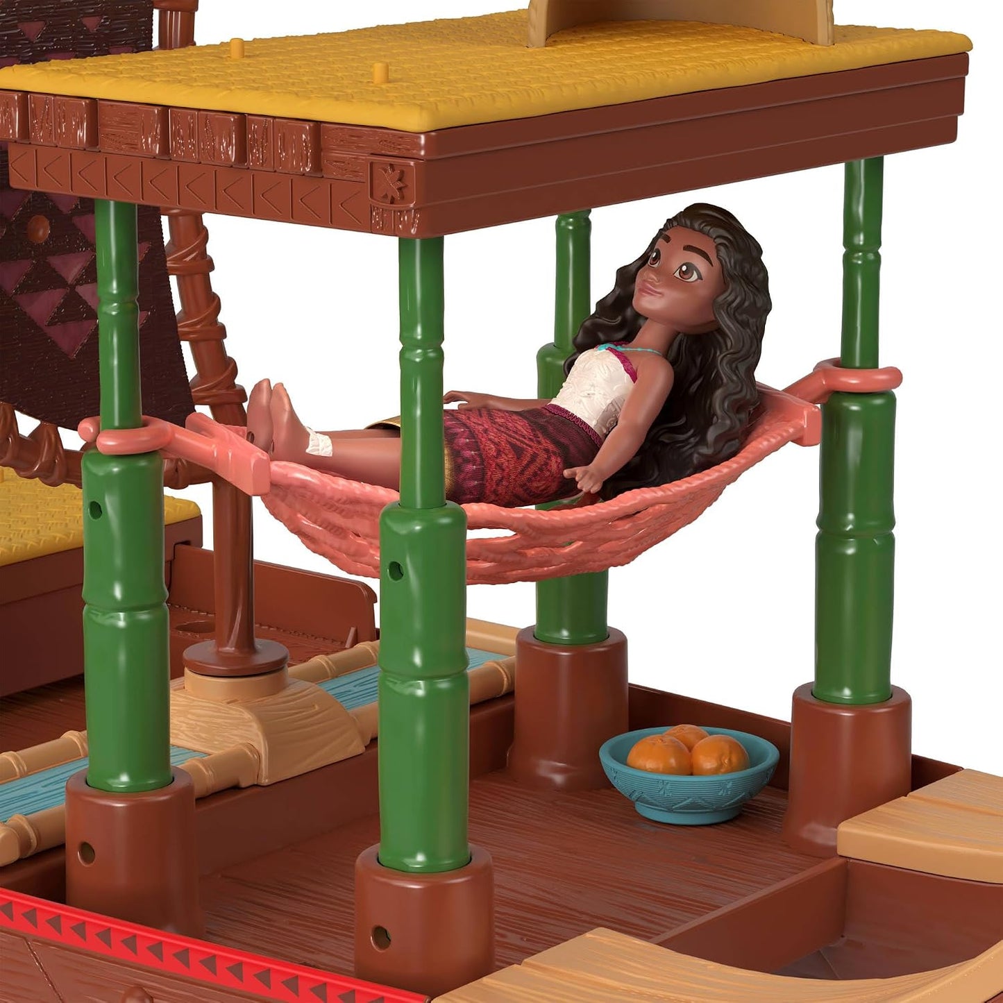Mattel Conjunto Disney Moana 2 – Canoa de Aventura que Flutua | Boneca pequena articulada da Moana com saia removível, figura do animal Heihei, 6 áreas de brincar e 10 acessórios, JBT54