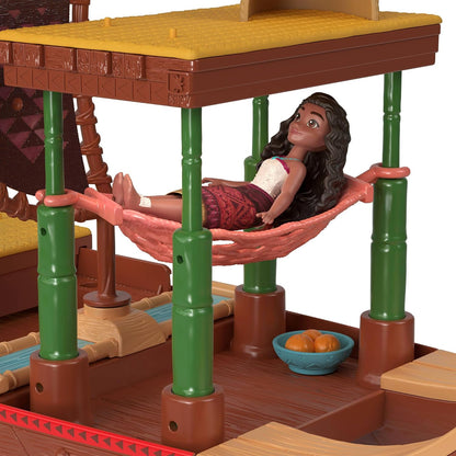 Mattel Conjunto Disney Moana 2 – Canoa de Aventura que Flutua | Boneca pequena articulada da Moana com saia removível, figura do animal Heihei, 6 áreas de brincar e 10 acessórios, JBT54